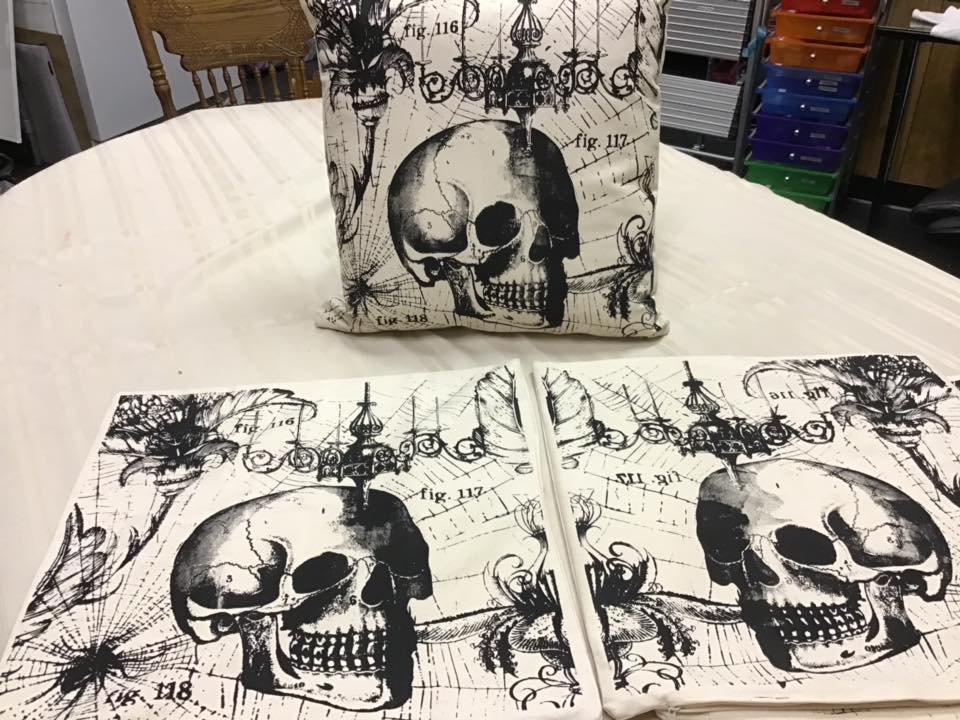 halloween chalk couture style - victorian skull  inked onto pillow covers 